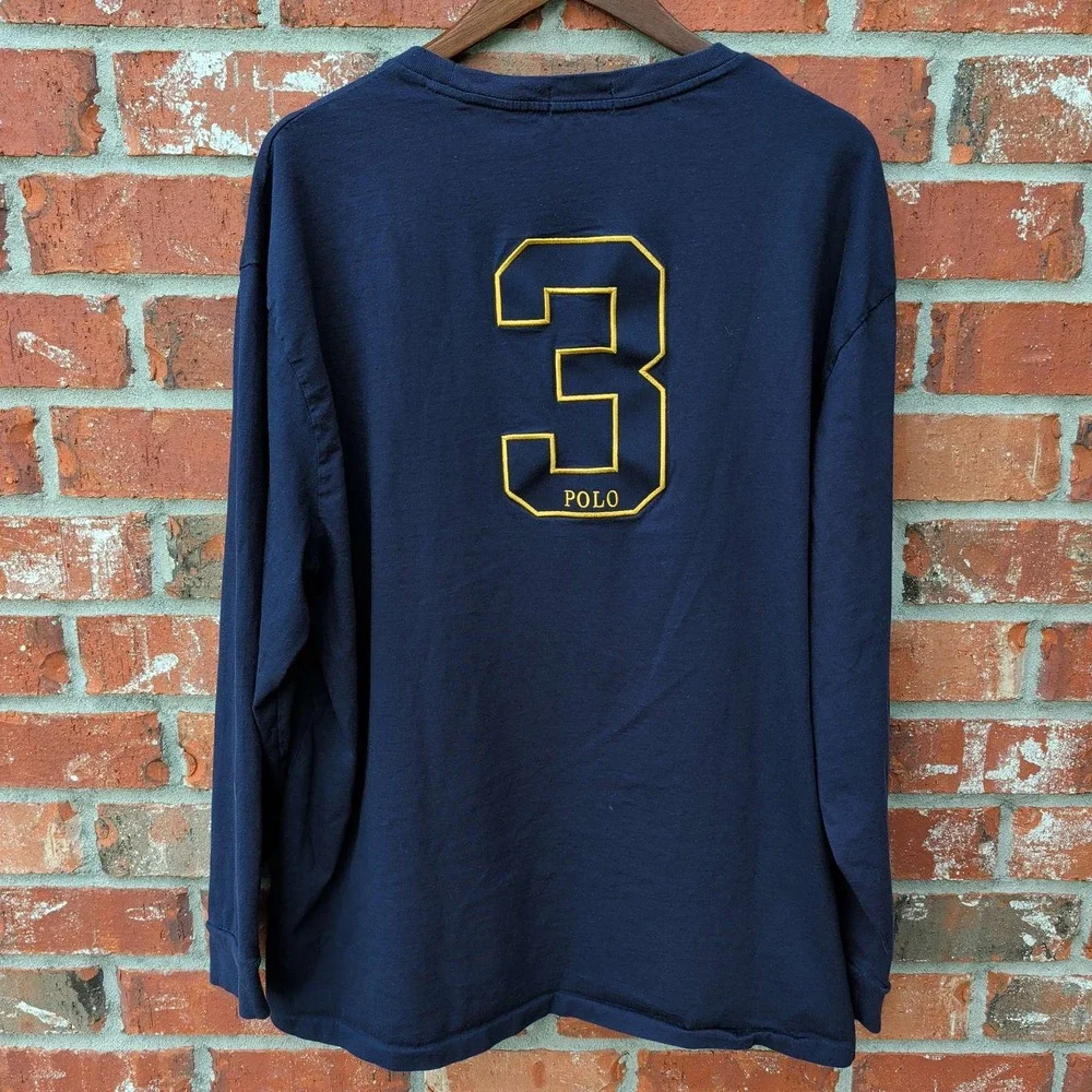 Polo Ralph Lauren Long Sleeve T-Shirt Mens 1XB Navy Blue Big Pony Crest Stripe